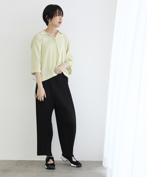 ADAM ET ROPE'（アダムエロペ）の「山形コットンニットポロ（ポロシャツ・レディース・ダークブラウン/ライトグリーン・FREE）」の5枚目の写真