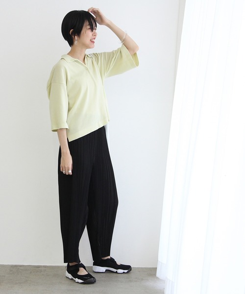 ADAM ET ROPE'（アダムエロペ）の「山形コットンニットポロ（ポロシャツ・レディース・ダークブラウン/ライトグリーン・FREE）」の9枚目の写真