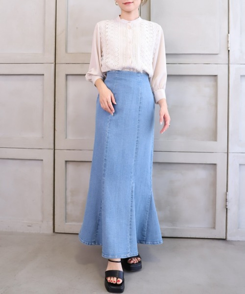シフォンジョーゼットスタンドカラーフロントレースシャツ