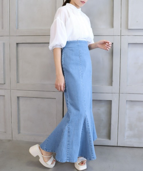 シフォンジョーゼットスタンドカラーフロントレースシャツ