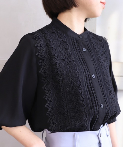 シフォンジョーゼットスタンドカラーフロントレースシャツ