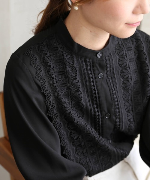 シフォンジョーゼットスタンドカラーフロントレースシャツ
