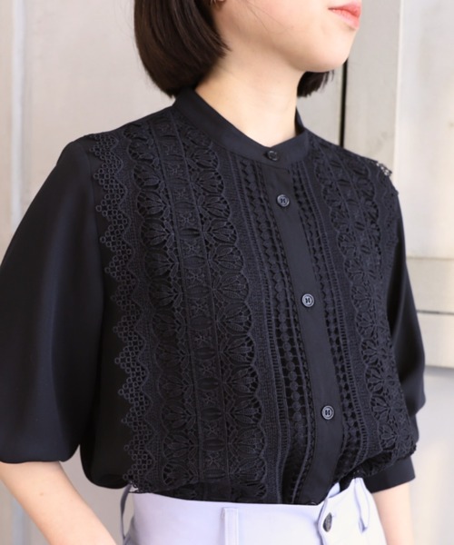シフォンジョーゼットスタンドカラーフロントレースシャツ