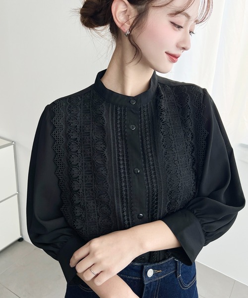 Moi-meme-Moitie 初期 スタンドカラープリーツジョーゼットブラウス セール】【累計販売枚数4万枚突破！】シフォンジョーゼットスタンド