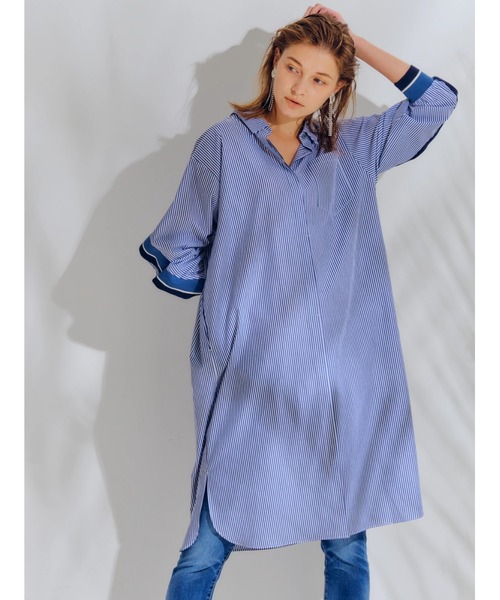 Editt by YECCA VECCA（エディットバイイェッカヴェッカ）の「P.リブMIXシャツワンピース　＊（ワンピース・レディース・ホワイト/カーキ/ストライプ・FREE）」の11枚目の写真