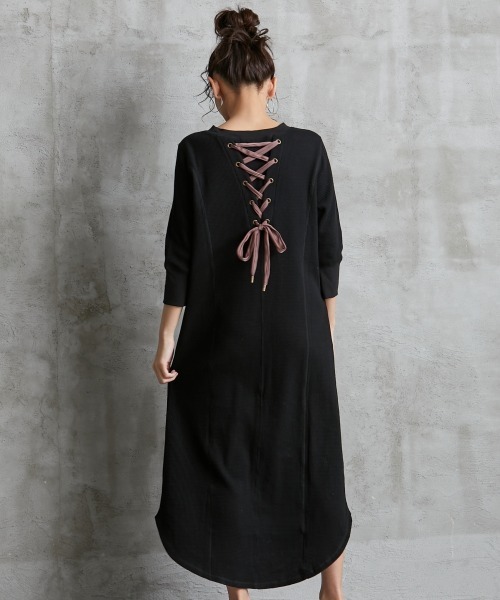 バックレースアップワッフルカットソーワンピース Fan ワンピース ローズファンファン ワンピース Rose 大きいサイズ Rose Fan Fan ローズファンファン のファッション