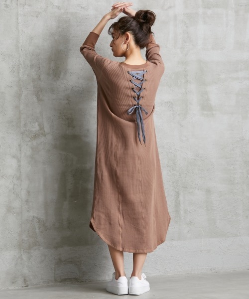 バックレースアップワッフルカットソーワンピース Fan ワンピース ローズファンファン ワンピース Rose 大きいサイズ Rose Fan Fan ローズファンファン のファッション