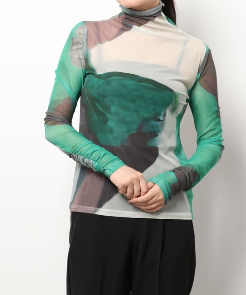 aimoha（アイモハ）の「アート配色透け感カットソー (SS)（Tシャツ/カットソー・レディース・グリーン/ベージュ/ブラック・FREE）」の3枚目の写真