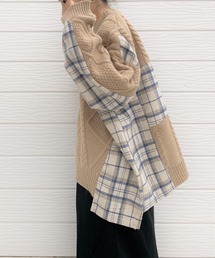 Q | ケーブル×チェックドッキングニット(ニット/セーター)