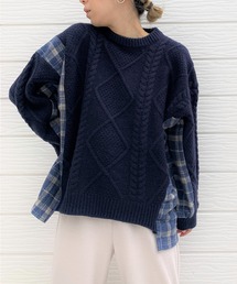 Q | ケーブル×チェックドッキングニット(ニット/セーター)