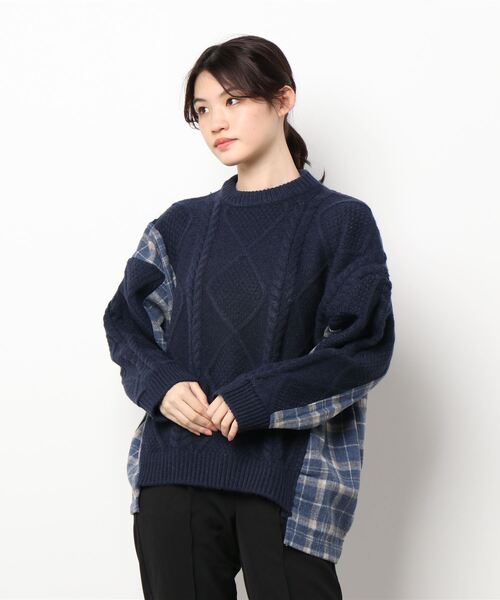 Q（キュー）の「ケーブル×チェックドッキングニット（ニット/セーター・レディース・ベージュ/ネイビー・MEDIUM）」の6枚目の写真