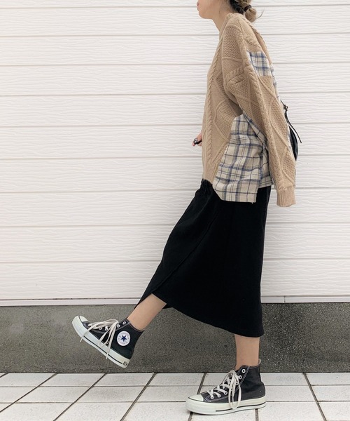 Q（キュー）の「ケーブル×チェックドッキングニット（ニット/セーター・レディース・ベージュ/ネイビー・MEDIUM）」の8枚目の写真