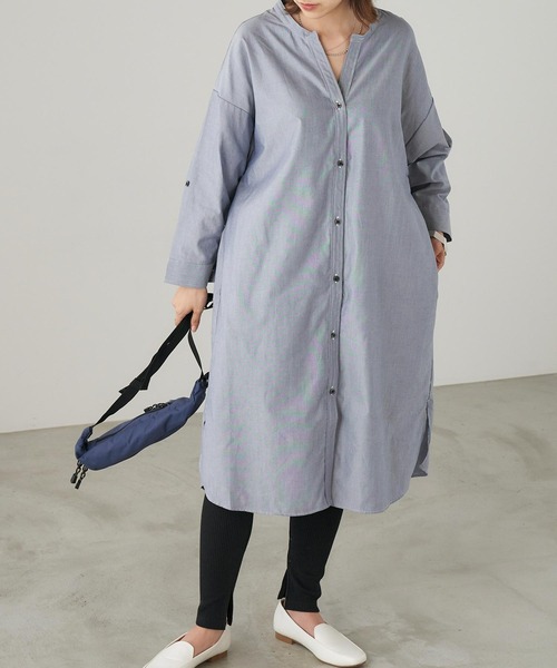 Chaco closet(チャコ クローゼット)の「ポケット付きノーカラーシャツワンピース(シャツワンピース・レディース・ネイビー/ベージュ/ブルー・FREE)」の8枚目の写真