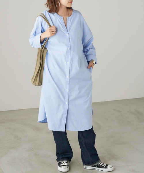 Chaco closet(チャコ クローゼット)の「ポケット付きノーカラーシャツワンピース(シャツワンピース・レディース・ネイビー/ベージュ/ブルー・FREE)」の12枚目の写真