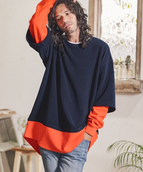 CAMBIO(カンビオ)の「mlt3718-フェイクレイヤードルーズカットソー(Tシャツ/カットソー・メンズ・ネイビー/ホワイト/ブラック・S/M/L)」の3枚目の写真