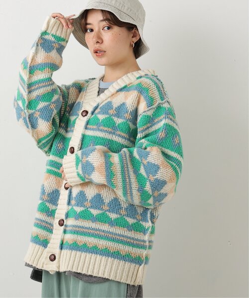 DOUBLE NAME（ダブルネーム）の「リバーシブル幾何学マルチボーダーカーデ（ニット/セーター・レディース・オフホワイト/オレンジ/キナリ・FREE）」の2枚目の写真