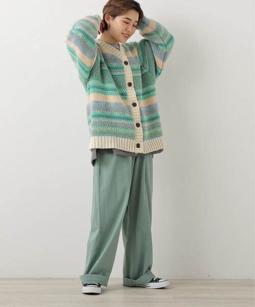 DOUBLE NAME（ダブルネーム）の「リバーシブル幾何学マルチボーダーカーデ（ニット/セーター・レディース・オフホワイト/オレンジ/キナリ・FREE）」の6枚目の写真