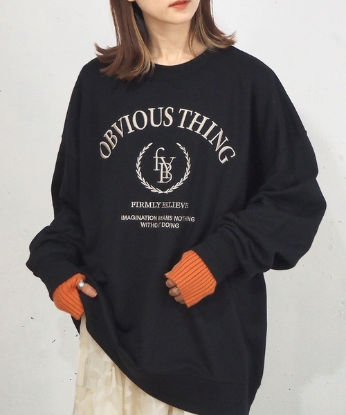 Fロゴ刺繍 ベルベットカットソートレーナー 黒 セール】エンブレムロゴ刺繍BIGスウェット/トレーナー