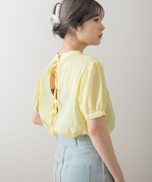 HEYUMM（ヘユム）の「バックリボンハイネックブラウス（シャツ/ブラウス・レディース・ブラック/オフホワイト/イエロー・ONE）」の18枚目の写真