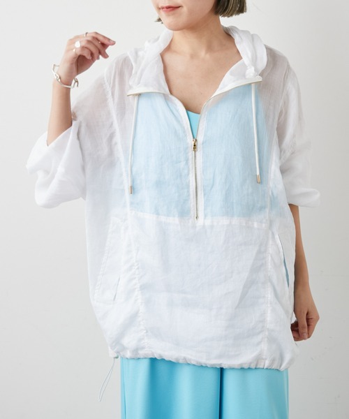 Omekashi（オメカシ）の「シアーリネンアノラックパーカー（マウンテンパーカー・レディース・ホワイト/ブラック・FREE）」の2枚目の写真