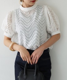 【shemoshelly】五分袖カットレースボリュームスリーブブラウス