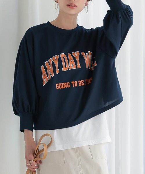 KOBE LETTUCE(コウベレタス)の「ボリュームスリーブロゴトップス(Tシャツ/カットソー・レディース・ネイビー/オフホワイト/グリーン・FREE)」の3枚目の写真