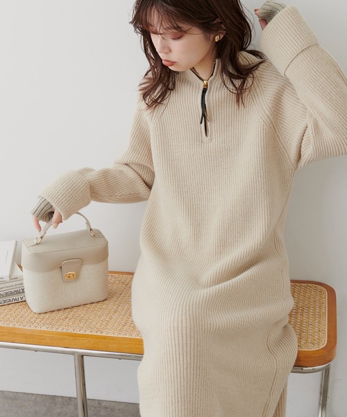 natural couture(ナチュラルクチュール)の「ZIP付き畦ニットワンピース(ワンピース・レディース・ブラック/ライトベージュ/カーキ/アイボリー・FREE)」の18枚目の写真