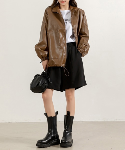 セール】レディース バルーンスリーブ合皮ライダースジャケット