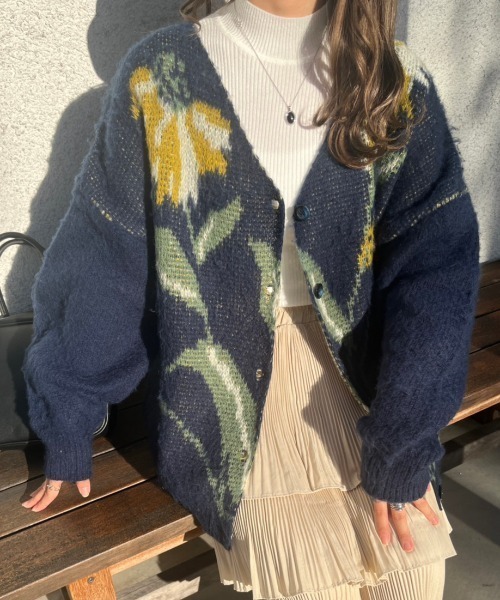 nemne store(ネンネストア)の「【低身長用サイズあり】フラワージャガードモヘアライクカーディガン(カーディガン/ボレロ・レディース・ネイビー/ピンク/アイボリー・SMALL/MEDIUM)」の2枚目の写真