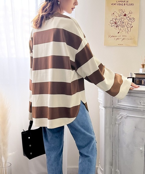 Java(ジャバ)の「《JaVa ジャバコラボ》綿100%ワイドボーダー裾ラウンドbigシルエットロンTee(Tシャツ/カットソー・メンズ・ブラック/ブラウン/グリーン/グレイッシュベージュ・LARGE/MEDIUM/X-LARGE)」の12枚目の写真