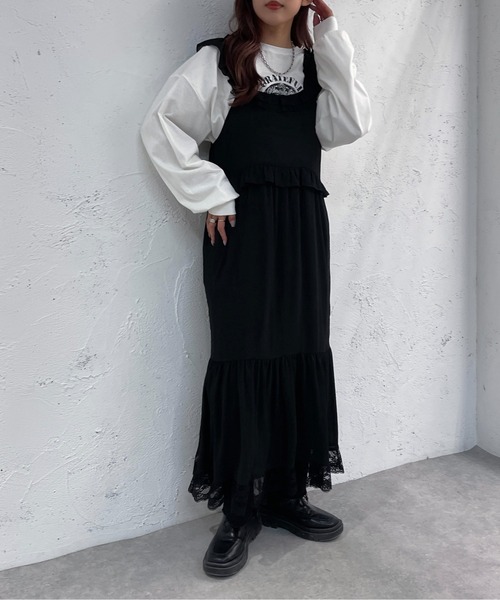 apres jour mignon(アプレジュールミニョン)の「レース付きシフォンティアードワンピース【ZOZOTOWN限定アイテム】(ワンピース・レディース・ブラック/オフホワイト・フリー/X-LARGE)」の9枚目の写真
