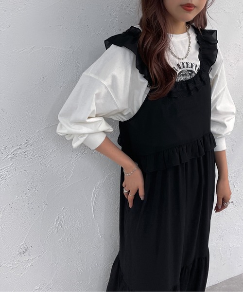 apres jour mignon(アプレジュールミニョン)の「レース付きシフォンティアードワンピース【ZOZOTOWN限定アイテム】(ワンピース・レディース・ブラック/オフホワイト・フリー/X-LARGE)」の5枚目の写真