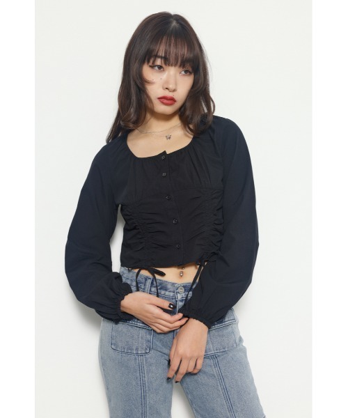 LAGUA GEM(ラグアジェム)の「HEM SHIRRING トップス(Tシャツ/カットソー・レディース・オフホワイト/ブラック・FREE)」の2枚目の写真