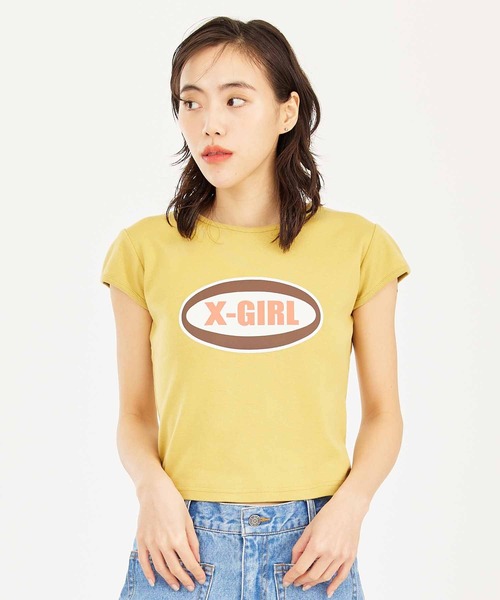 X-girl（エックスガール）の「OVAL LOGO S/S BABY TEE（Tシャツ/カットソー・レディース・イエロー/ホワイト/チャコール・M/S）」の15枚目の写真