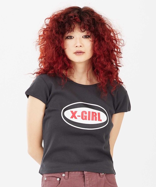 X-girl（エックスガール）の「OVAL LOGO S/S BABY TEE（Tシャツ/カットソー・レディース・イエロー/ホワイト/チャコール・M/S）」の13枚目の写真