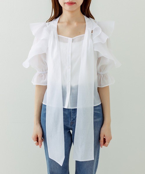 OLIVE des OLIVE（オリーブデオリーブ）の「ラッフルボウタイブラウス（シャツ/ブラウス・レディース・ホワイト/オフホワイト/ピンクベージュ・FREE）」の18枚目の写真