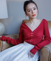 anuans ショートリブニットカーディガン(RED)
