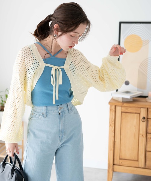 WEGO（ウィゴー）の「WEGO/前リボンメッシュカラーボレロ（カーディガン/ボレロ・レディース・アイボリー/ブラック/グリーン・FREE）」の2枚目の写真