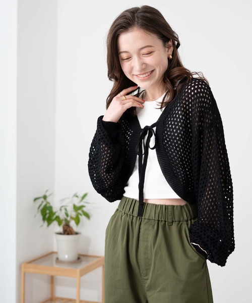 WEGO（ウィゴー）の「WEGO/前リボンメッシュカラーボレロ（カーディガン/ボレロ・レディース・アイボリー/ブラック/グリーン・FREE）」の3枚目の写真