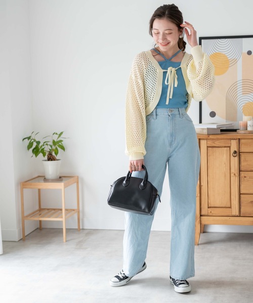 WEGO（ウィゴー）の「WEGO/前リボンメッシュカラーボレロ（カーディガン/ボレロ・レディース・アイボリー/ブラック/グリーン・FREE）」の4枚目の写真