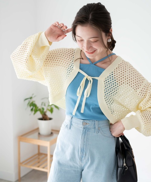 WEGO（ウィゴー）の「WEGO/前リボンメッシュカラーボレロ（カーディガン/ボレロ・レディース・アイボリー/ブラック/グリーン・FREE）」の10枚目の写真