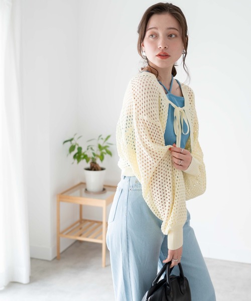 WEGO（ウィゴー）の「WEGO/前リボンメッシュカラーボレロ（カーディガン/ボレロ・レディース・アイボリー/ブラック/グリーン・FREE）」の11枚目の写真