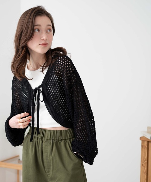 WEGO（ウィゴー）の「WEGO/前リボンメッシュカラーボレロ（カーディガン/ボレロ・レディース・アイボリー/ブラック/グリーン・FREE）」の14枚目の写真