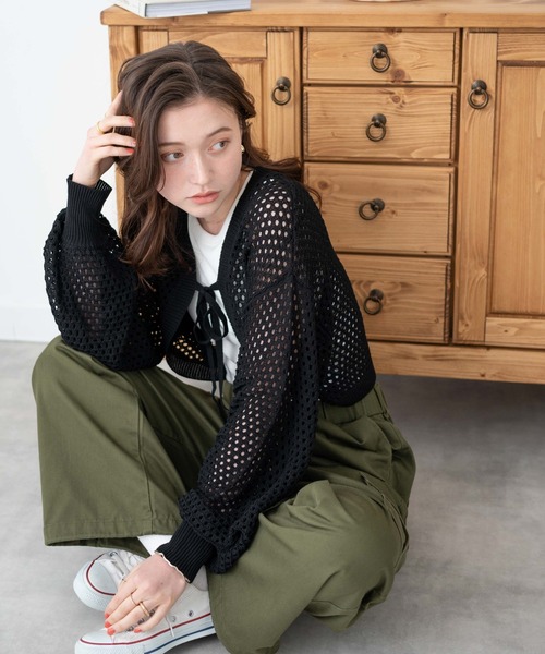 WEGO（ウィゴー）の「WEGO/前リボンメッシュカラーボレロ（カーディガン/ボレロ・レディース・アイボリー/ブラック/グリーン・FREE）」の16枚目の写真