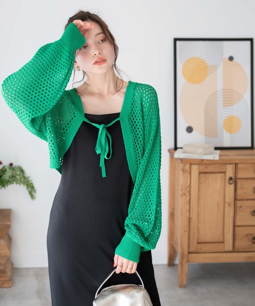 WEGO（ウィゴー）の「WEGO/前リボンメッシュカラーボレロ（カーディガン/ボレロ・レディース・アイボリー/ブラック/グリーン・FREE）」の18枚目の写真