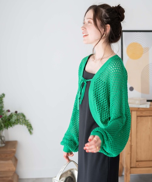 WEGO（ウィゴー）の「WEGO/前リボンメッシュカラーボレロ（カーディガン/ボレロ・レディース・アイボリー/ブラック/グリーン・FREE）」の19枚目の写真