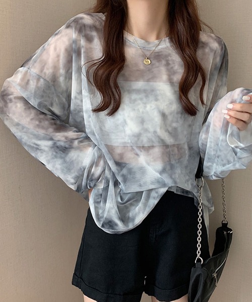 DAY CLOSET（デイ クローゼット）の「レディース 長袖タイダイ柄シアートップス（シャツ/ブラウス・レディース・グレー/パープル/ネイビー・ONE SIZE）」の6枚目の写真