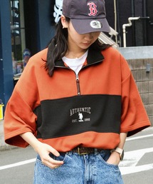 U.S. POLO ASSN. /ユーエスポロアッスン 別注 ロゴ刺繍 センター切替 ハーフジップ ビッグシルエット半袖スウェット