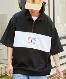 U.S. POLO ASSN. /ユーエスポロアッスン 別注 ロゴ刺繍 センター切替 ハーフジップ ビッグシルエット半袖スウェット