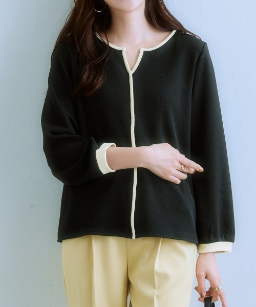 7days Life Styling(セブンデイズライフスタイリング)の「【裏側起毛】配色使いキーネックトップス(Tシャツ/カットソー・レディース・アイボリー/ブラック・L/S/LL/M)」の2枚目の写真